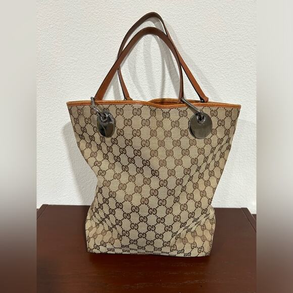 Gucci Vintage Tote Classic Beige GG Logo Canvas Orange Leather Trim Medium Size - Picture 2 of 15